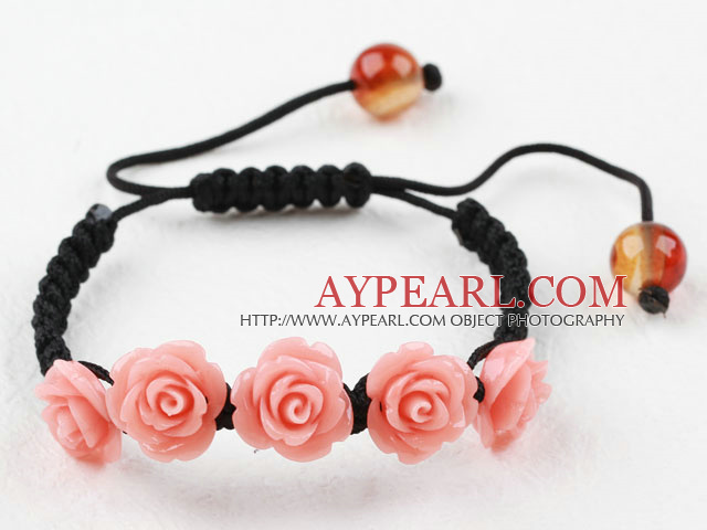 Fashion Style New Design Pink Rose Flower Turquoise Woven Drawstring Bracelet with Adjustable Thread