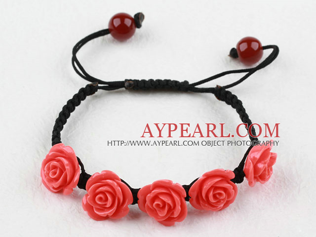 Fashion Style Watermelon Red Rose Flower Turquoise Woven Drawstring Bracelet with Adjustable Thread