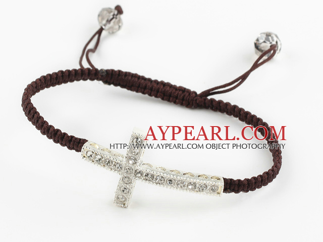 Fashion Style Sideway/Side Way White Rhinestone Cross Bracelet with Brown Cord Drawstring Bracelet