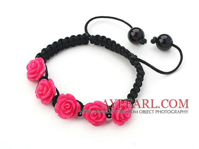 Fashion Style Red Rose Flower Turquoise Woven Drawstring Bracelet with Adjustable Thread