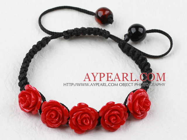 Fashion Style Mörkröd ros blomma Turkos vävt Dragsko armband med justerbar tråd