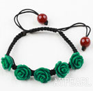 Fashion Style Dark Green Rose Flower Turquoise Woven Drawstring Bracelet with Adjustable Thread