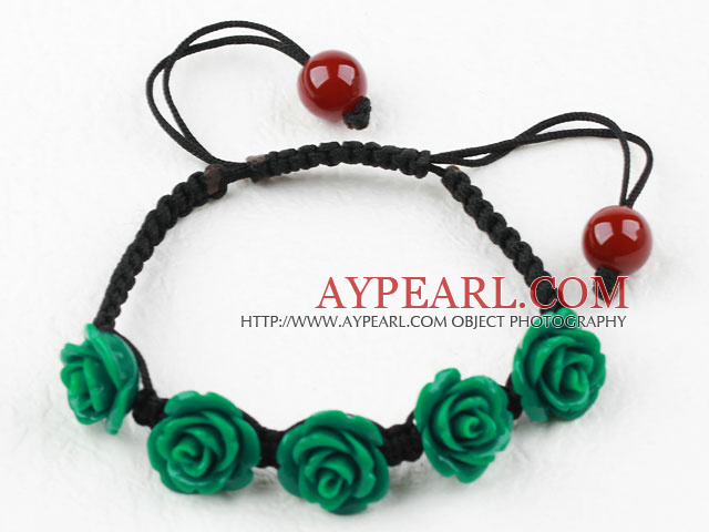 Fashion Style Dark Green Rose Flower Turquoise Woven Drawstring Bracelet with Adjustable Thread