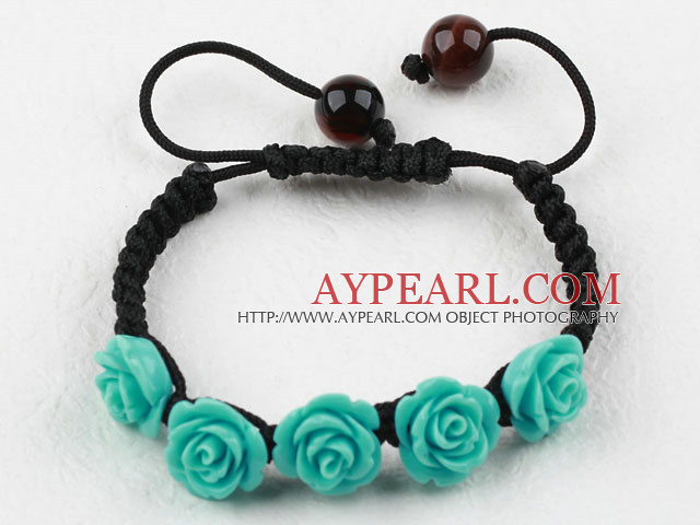 Fashion Style Blue Rose Flower Turquoise Woven Drawstring Bracelet with Adjustable Thread
