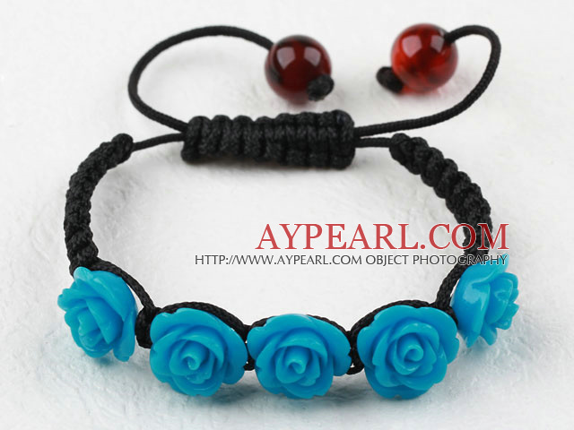 Dark Blue Rose Flower Turquoise Woven Bracelet with Adjustable Thread