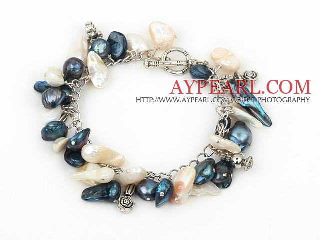 white and black pearl bracelet with metal chain and toggle clasp