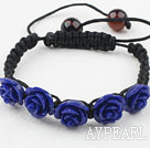 Fashion Style Dark Purple Rose Flower Turquoise Woven Drawstring Bracelet with Adjustable Thread