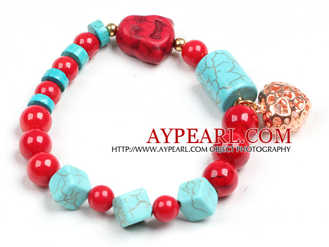 Enkel stil Enkel Strand blå turkis Red Blood Stone perler Stretch / Elastisk armbånd med Golden Rose Color Hollow Hjerte