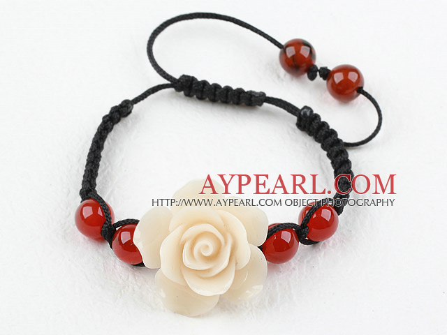 Fashion Style Carnelian and White Turquoise Flower Woven Drawstring Bracelet with Adjustable Thread