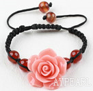 Fashion Style Carnelian and Pink Turquoise Flower Weaved Drawstring Bracelet with Adjustable Thread