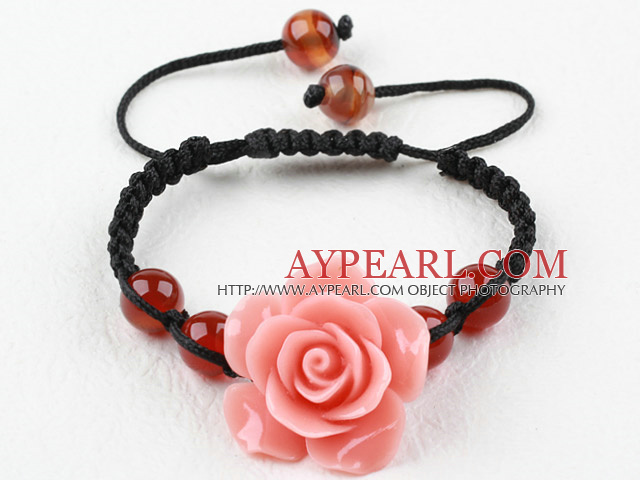 Fashion Style Carnelian and Pink Turquoise Flower Woven Drawstring Bracelet with Adjustable Thread