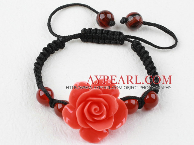 Fashion Style Carnelian and Orange Red Turquoise Flower Woven Drawstring Bracelet with Adjustable Thread