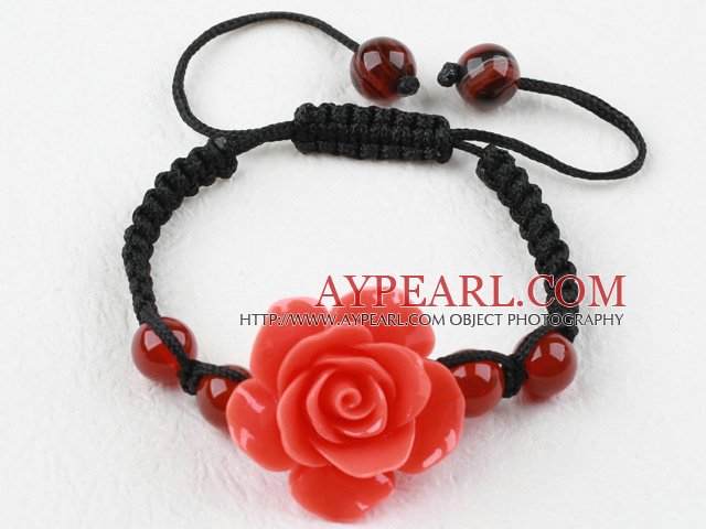 Mote Stil Carnelian og Orange Red Turquoise Flower weaved Snøring armbånd med Justerbar Tråd