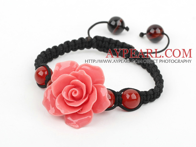 Fashion Style Carnelian and Watermelon Red Turquoise Flower Woven Drawstring Bracelet with Adjustable Thread