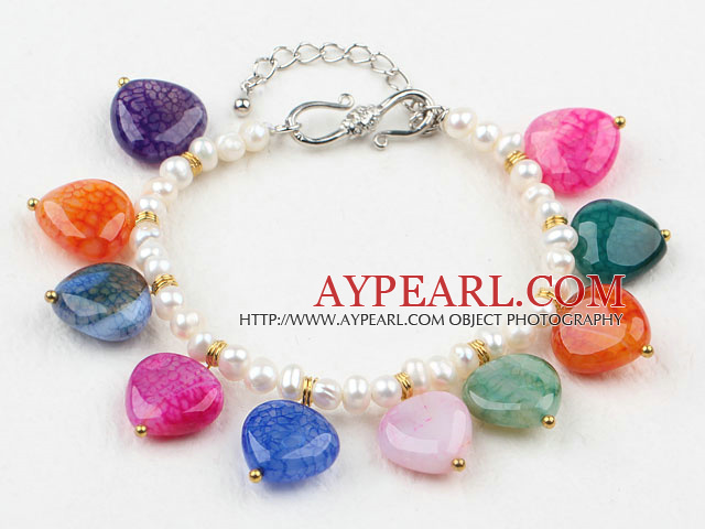 White Freshwater Pearl and Heart Shape Multi Color Agate Bracelet