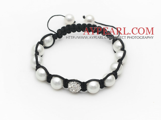 10mm Round White Seashell Beads and Rhinestone Ball Bracelet with Adjustable Thread