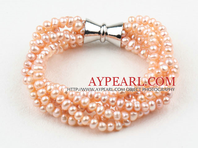 Multi Strands Natural Pink Freshwater Pearl Bracelet with Big Magnetic Clasp