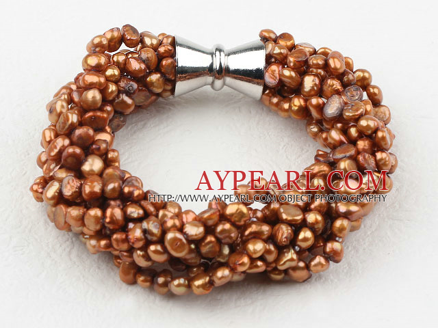 Multi Strands Golden Brown Freshwater Pearl Bracelet with Big Magnetic Clasp