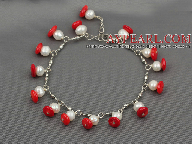 white pearl and red coral bracelet with lobster clasp