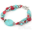 7 inches blue turquoise and red coral bracelet with moonlight clasp