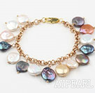 Assorted Multi Color Coin Freshwater Pearl Bracelet with Yellow Metal Chain