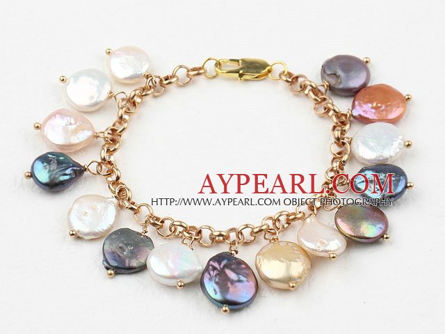 Assorted Multi Color Coin Freshwater Pearl Bracelet with Yellow Metal Chain