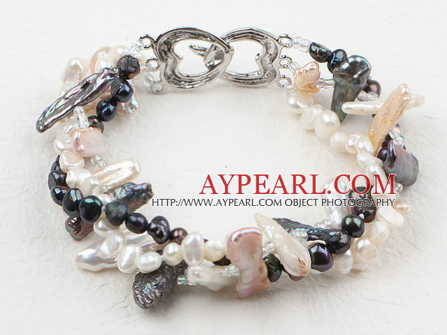 Three Strands Black and White Biwa Pearl Bracelet with Heart Shape Clasp