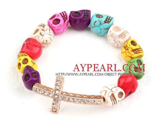 Golden Color tekojalokivi Sideway / Side Way Cross ja Multi Color Turkoosi Skull Stretch Bracelet