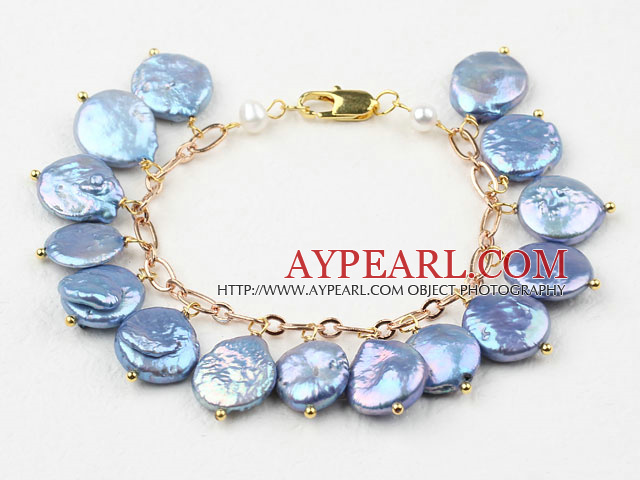 Blue Coin Freshwater Pearl Bracelet with Yellow Metal Chain