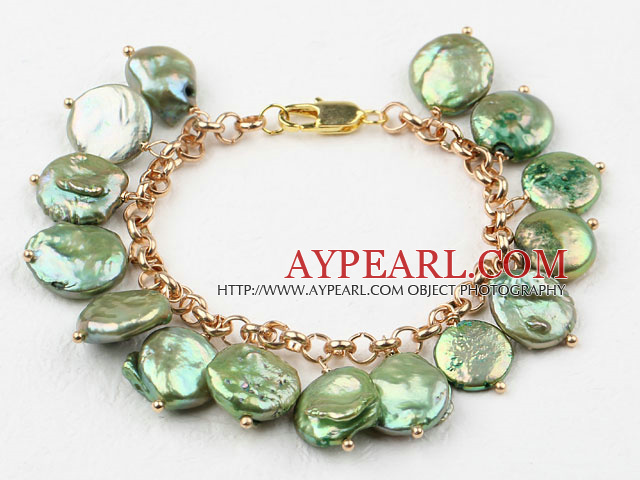 Lemon Green Coin Freshwater Pearl Bracelet with Yellow Metal Chain