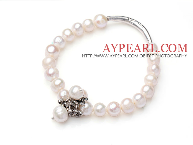 8-9mm White Freshwater Pearl Elastic Bangle Bracelet with Metal Flower Accessories