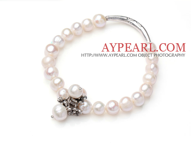 8-9mm d'eau douce blanche Bracelet de perles Bracelet élastique avec fleur métallique Accessoires