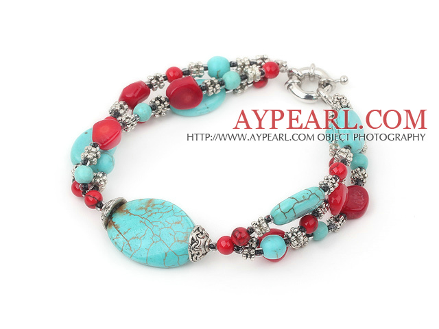 7 inches blue turquoise and red coral bracelet with moonlight clasp