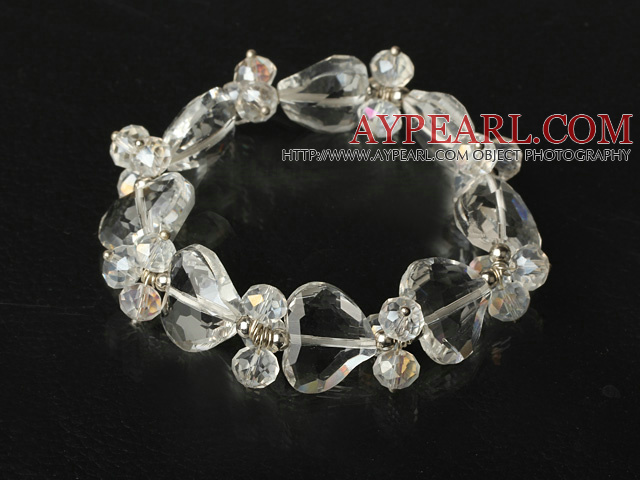 Faceted Clear Crystal and Heart Shape Clear Crystal Elastic Bangle Bracelet