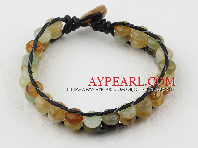 Two Rows Three Color Serpentine Jade Woven Bracelet with Shell Clasp