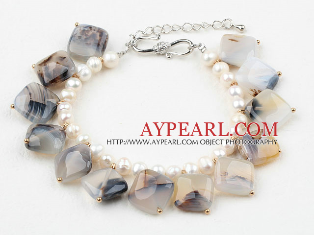 Hvit Freshwater Pearl og persisk Agate armbånd med Justerbar Chain
