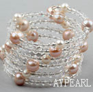 Clear Crystal and Pink Freshwater Pearl Wrap Bangle Bracelet