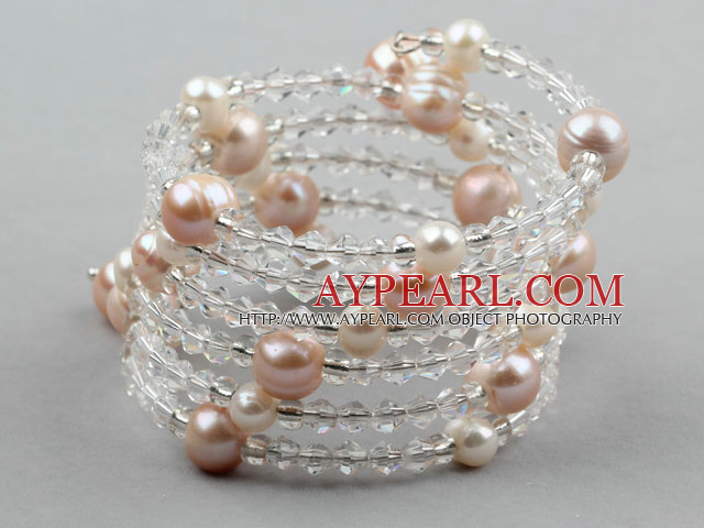 Clear Crystal og rosa ferskvannsperle Wrap Bangle Bracelet