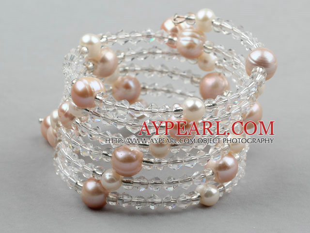 Crystal Clear şi roz de apă dulce Pearl Wrap brăţară brăţară