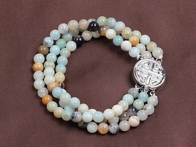 Fashion Three Strand Multi Color Amazon Stone Beads Bracelet