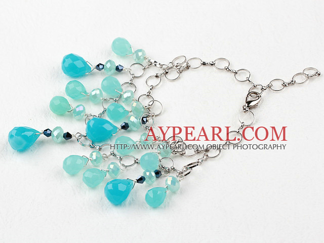 Blue Crystal and Blue Jade Bracelet with Metal Chain