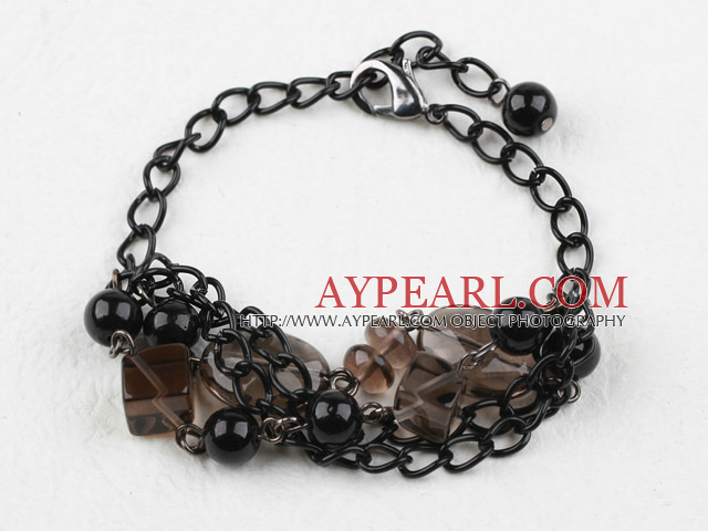Smoky Quartz and Black Seashell Beads Bracelet with Metal Chain