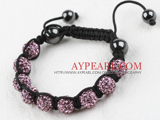 10mm Purple Color Rhinestone Woven Drawstring Bracelet with Adjustable Thread