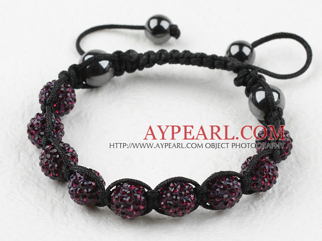 10mm Dark Purple Color Rhinestone Ball Woven Drawstring Bracelet with Adjustable Thread