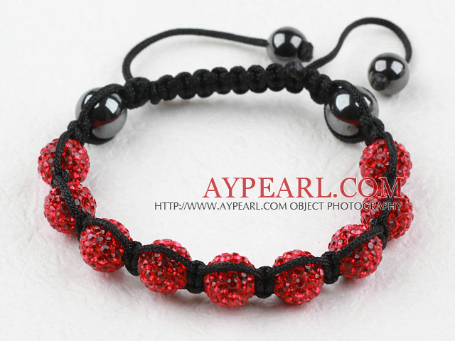 10mm Red Rhinestone Woven Drawstring Bracelet with Adjustable Thread