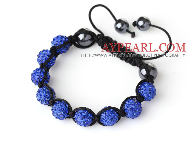 10mm Dark Blue Rhinestone Ball Woven Ball Bracelet with Adjustable Thread