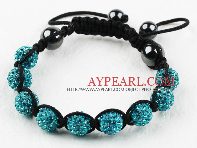 10mm Lake Blue Rhinestone Ball veves Snøring armbånd med Justerbar Tråd