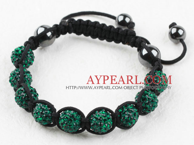 10mm Darl Green Rhinestone Ball Woven Drawstring Bracelet with Adjustable Thread