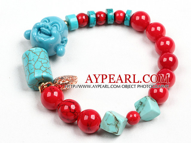 Enkel stil Red Blood Stone Coral Turkos Pärlor Stretch / Elastisk armband med Buddha Head Charm och Golden Rose Color ihåliga hjärta