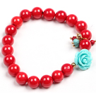 Simple Style Single Strand Red Coral Beads Stretch/ Elastic Bracelet With Turquoise Flower Charm
